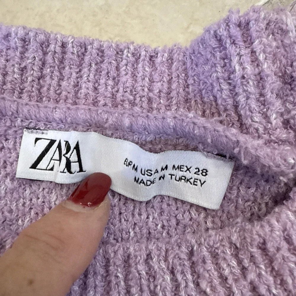 Zara Knit Floral Wavy Colorblock Cropped Sweater Pastel Yellow‎ Lilac Sz M